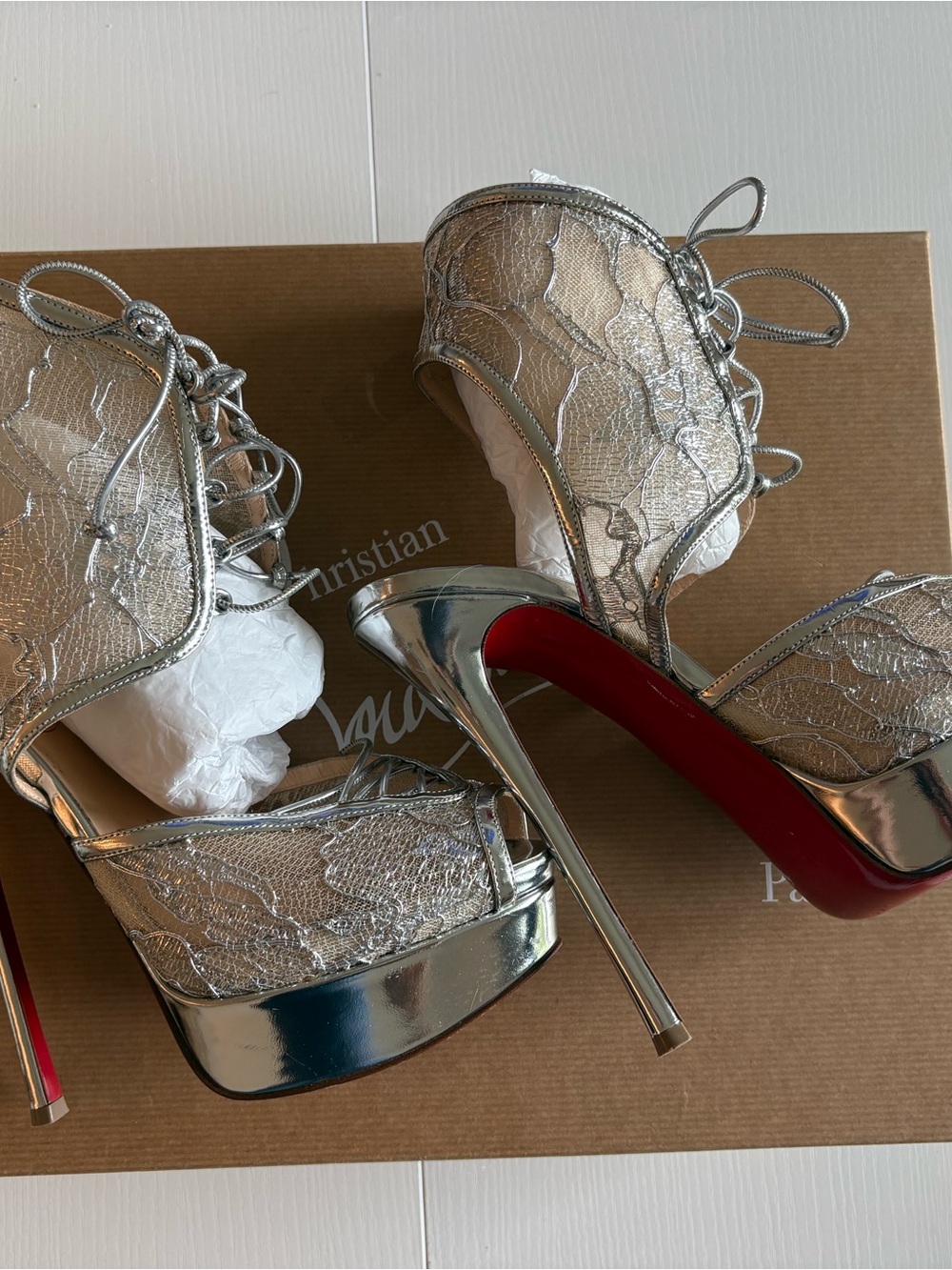 Christian Louboutin Silver Lace Platform Sandals with Red Soles